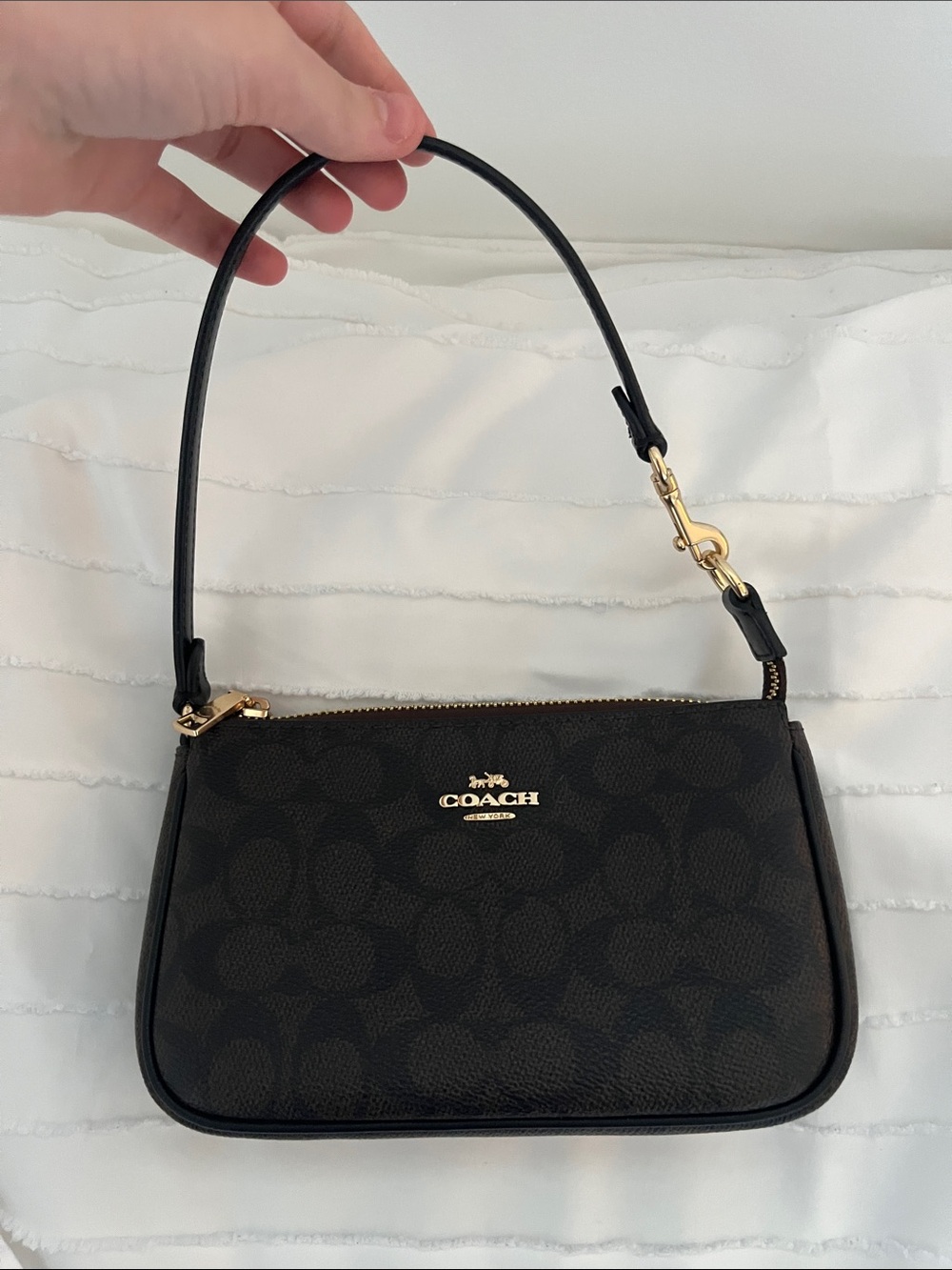 Coach Nolita 19 Black Signature Monogram Shoulder Bag with Gold Hardware